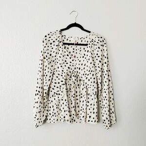 Umgee Boutique Cream Black Dalmatian Spotted V- Neck Ruffle Tiered Top